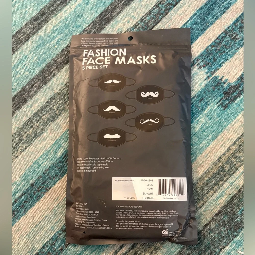 NWT pack of 5 mustache designed washable fashion face masks